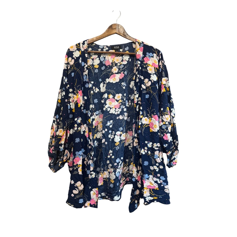 a.n.a Kimono Cardigan Women Size M Navy Blue Floral Excellent Rayon Open Front